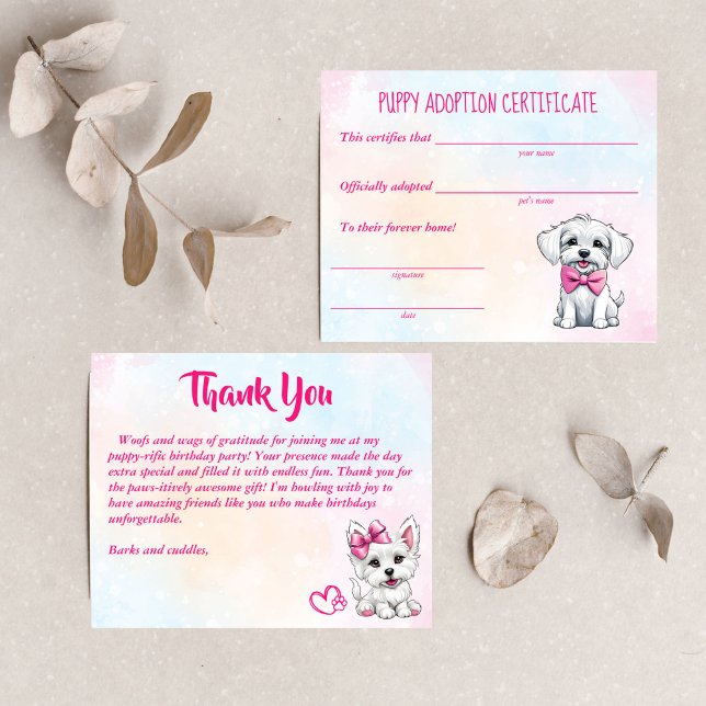 子犬の養子証かわいい白いピンクの子犬 (Puppy adoption certificate cute white pink puppies dog themed birthday party)