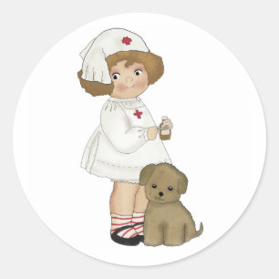 子犬のTシャツおよびギフトを持つヴィンテージのナース ラウンドシール