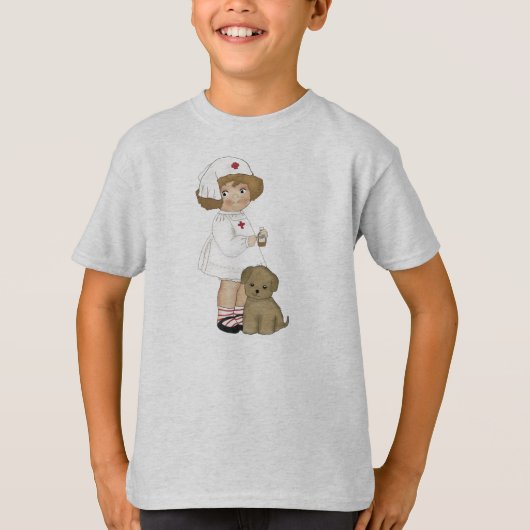 子犬のTシャツおよびギフトを持つヴィンテージのナース Tシャツ (正面)