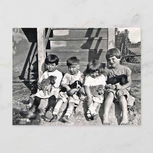 子犬はがき付き子供 ポストカード (正面)