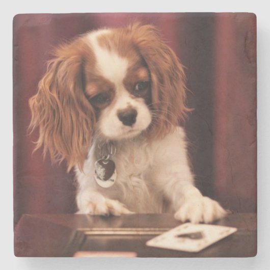 子犬はカードを遊びます ストーンコースター (正面)