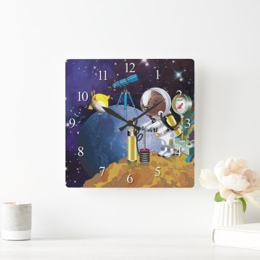 子犬は望遠鏡を持つエイリアンの間隔をあけます スクエア壁時計 (ホーム)