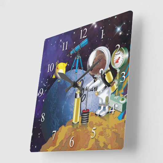 子犬は望遠鏡を持つエイリアンの間隔をあけます スクエア壁時計 (傾斜)