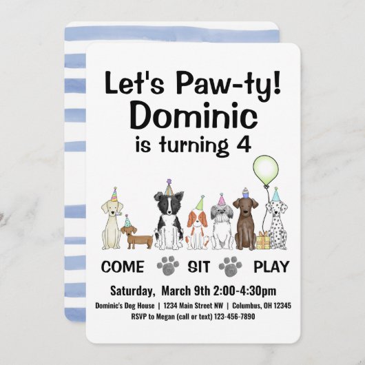 子犬または男男女兼用の子誕生日パワティInv 招待状 (正面/裏面)