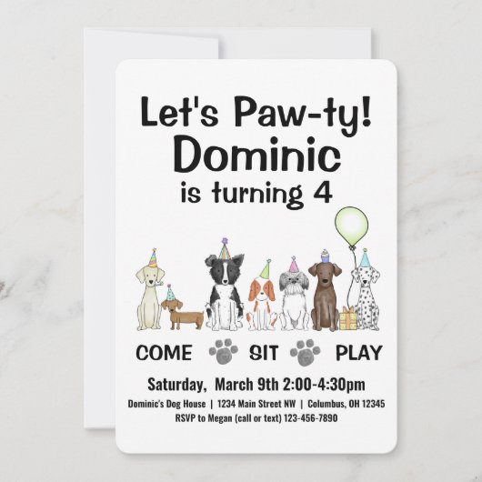 子犬または男男女兼用の子誕生日パワティInv 招待状 (正面)