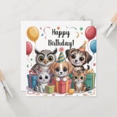 子犬や子猫との動物パーティのイラスト カード (正面/裏面インサイチュ)