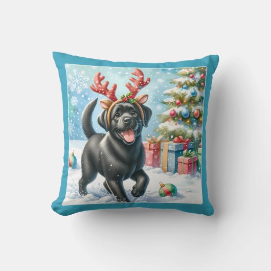 子犬よくはしゃぐラブラドールリトリエバークリスマス クッション (正面)