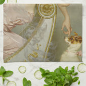 子犬をからかう華やかな女性 キッチンタオル (折り畳み)