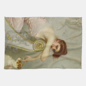 子犬をからかう華やかな女性 キッチンタオル (横)