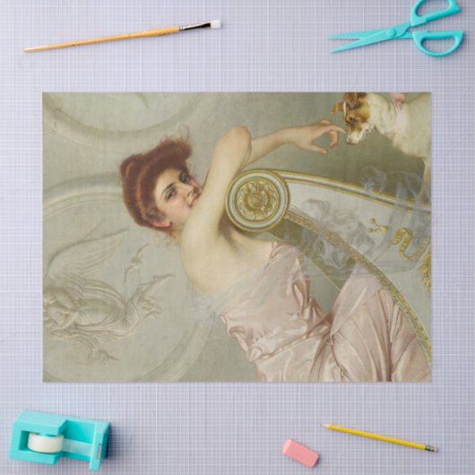 子犬をなでている若い婦人(V.M.コルコス著) 薄葉紙 (クラフト)