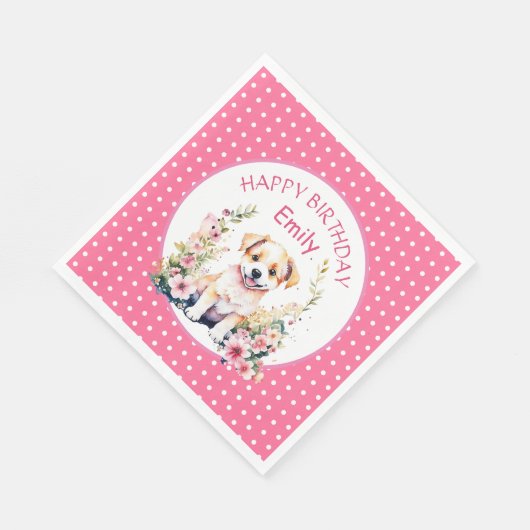 子犬をテーマにしたパーソナライズされた誕生日 スタンダードランチョンナプキン (角)