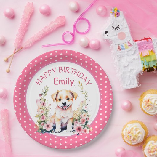 子犬をテーマにしたパーソナライズされた誕生日 ペーパープレート (パーティー)