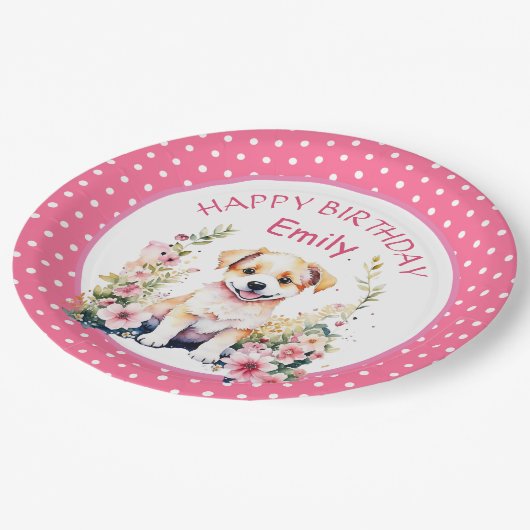 子犬をテーマにしたパーソナライズされた誕生日 ペーパープレート (アングル)