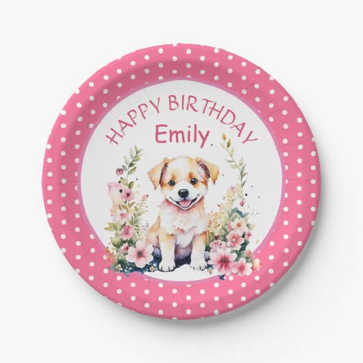 子犬をテーマにしたパーソナライズされた誕生日 ペーパープレート (正面)