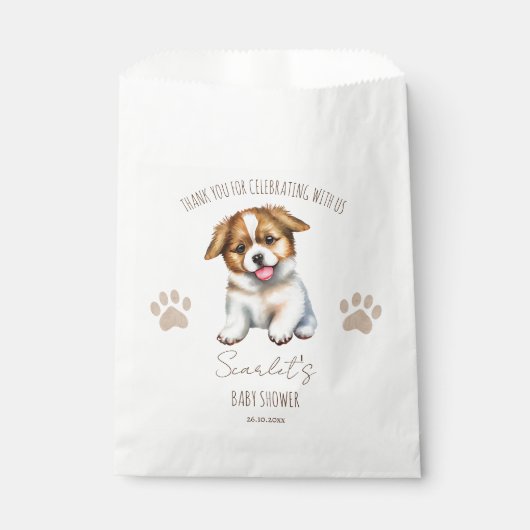 子犬をテーマにした赤ちゃんシャワーカスタマイズは フェイバーバッグ (正面)