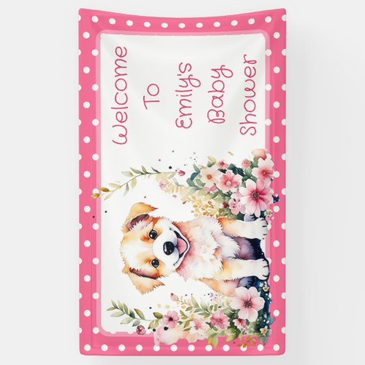 子犬をテーマにした赤パーソナライズされたちゃんシャワー 横断幕 (縦)