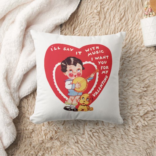 子犬を持つ旧式なバレンタインの女の子 クッション (ブランケット)