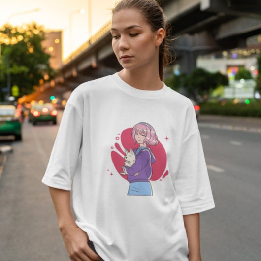 子犬を連れたアニメガール Tシャツ