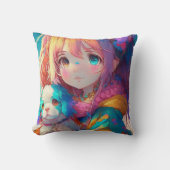 子犬を連れたアニメ少女 クッション (正面)