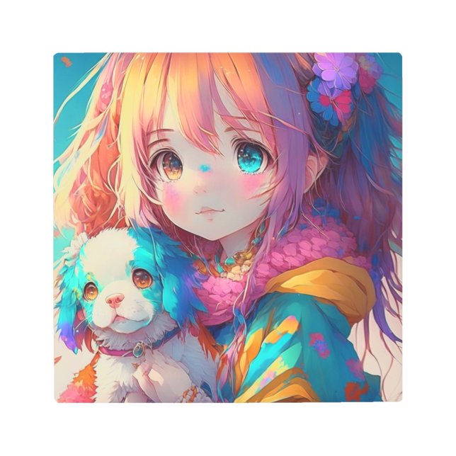 子犬を連れたアニメ少女 メタルプリント
