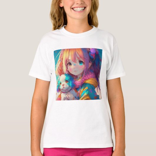 子犬を連れたアニメ少女 Tシャツ (正面)