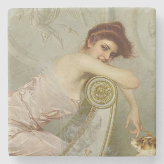 子犬エレガントをなでている若い女性 ストーンコースター (正面)