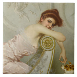 子犬エレガントをなでている若い女性 タイル