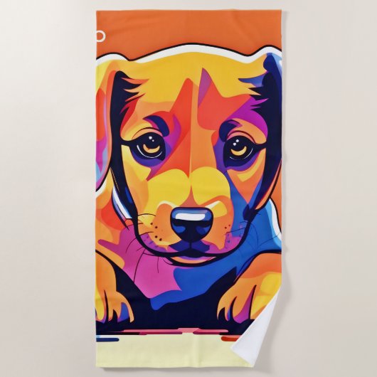 子犬カラフルのアートワーク ビーチタオル (正面)
