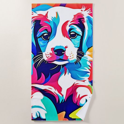 子犬カラフルのアートワーク ビーチタオル (正面)