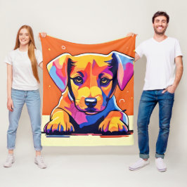子犬カラフルのアートワーク フリースブランケット