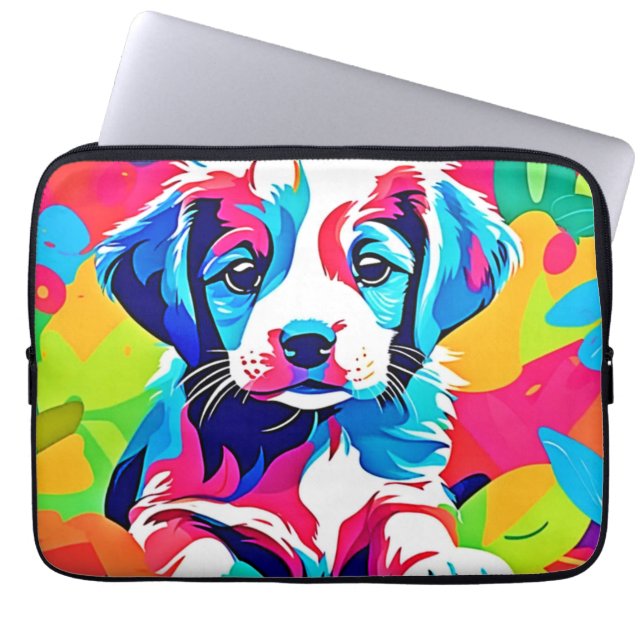 子犬カラフルのアートワーク ラップトップスリーブ (正面)