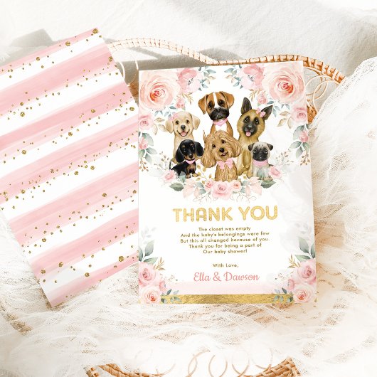 子犬ガーリー赤ちゃんシャワー赤面ピンクフローラ犬 サンキューカード