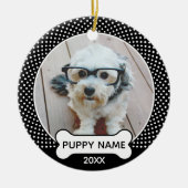 子犬クリスマスフォト水玉模様ブラック セラミックオーナメント (正面)