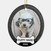 子犬クリスマスフォト水玉模様ブラック セラミックオーナメント (左)
