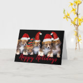 子犬サンタ帽子ハッピーホリデイズクリスマスカード カード (黄色い花)