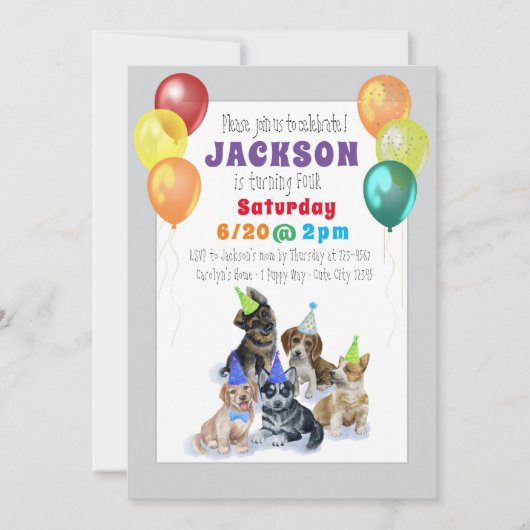 子犬テーマカラフル誕生会 招待状 (正面)