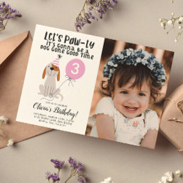 子犬テーマ誕生日パーティーピンク写真 招待状