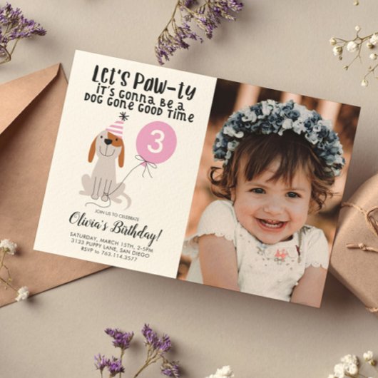 子犬テーマ誕生日パーティーピンク写真 招待状