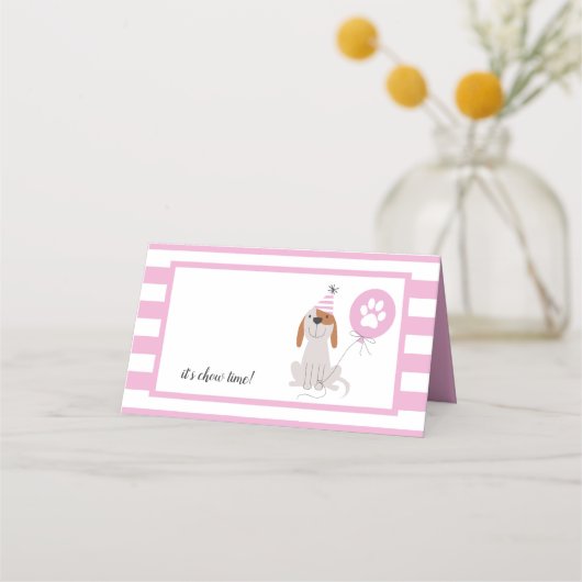 子犬テーマ誕生日ピンクフードテント プレイスカード (正面)