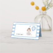 子犬テーマ誕生日ブルーフードテント プレイスカード (正面)