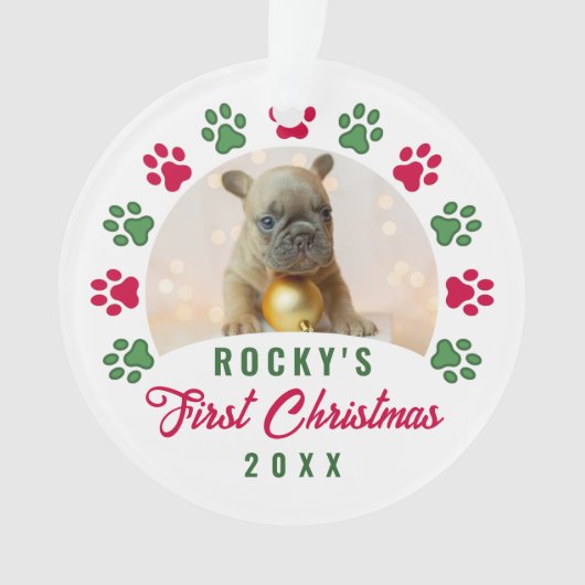 子犬パーソナライズされたの初めてのクリスマス写真 オーナメント (正面)