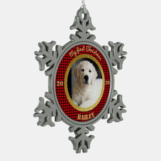 子犬パーソナライズされたの初めてのクリスマス写真 スノーフレークピューターオーナメント (左)
