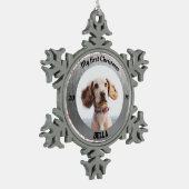 子犬パーソナライズされたの初めてのクリスマス写真 スノーフレークピューターオーナメント (左)