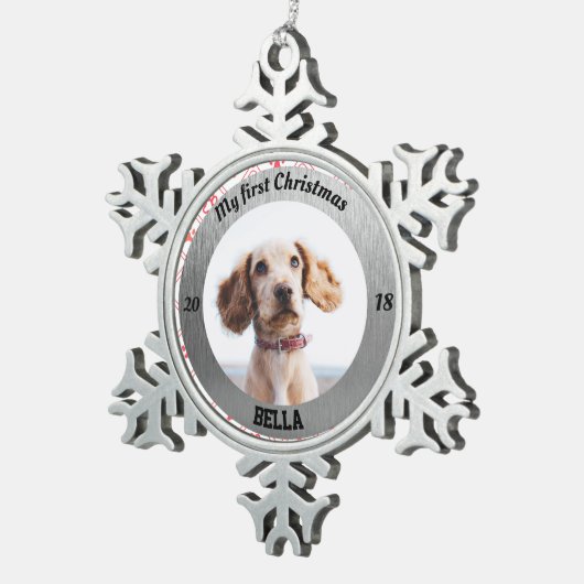 子犬パーソナライズされたの初めてのクリスマス写真 スノーフレークピューターオーナメント (右)
