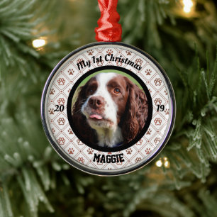 子犬パーソナライズされたの初めてのクリスマス写真 メタルオーナメント