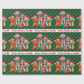 子犬パーソナライズネームグリーンプレイドクリスマス ラッピングペーパー (フラット)