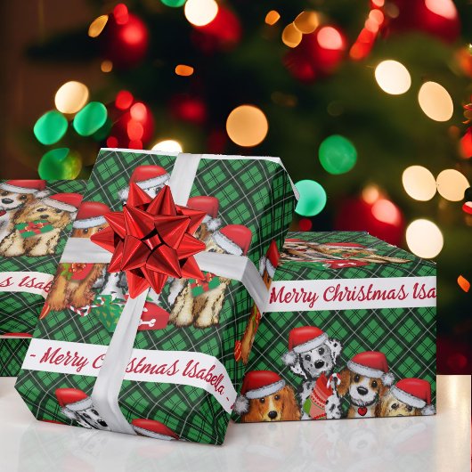 子犬パーソナライズネームグリーンプレイドクリスマス ラッピングペーパー