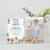 子犬パーティーの動物たち 2歳の誕生日写真 招待状 (スタンド正面)