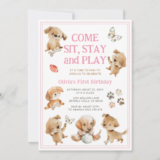 子犬パーティーの女の子誕生日招待状 招待状 (正面)