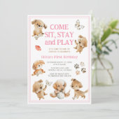子犬パーティーの女の子誕生日招待状 招待状 (スタンド正面)